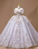 Niulatu Off-the-shoulder A-Line Tulle Beaded Train Wedding Dress HZ1103