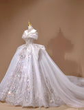Niulatu Off-the-shoulder A-Line Tulle Beaded Train Wedding Dress HZ1103