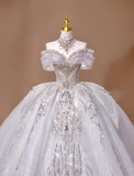 Niulatu Off-the-shoulder A-Line Tulle Beaded Train Wedding Dress HZ1103