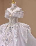 Niulatu Off-the-shoulder A-Line Tulle Beaded Train Wedding Dress HZ1103