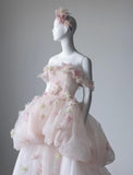 Niulatu Light Pink Off-the-shoulder A-Line Tulle Applique Train Wedding Dress HZ1103