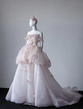 Niulatu Light Pink Off-the-shoulder A-Line Tulle Applique Train Wedding Dress HZ1103