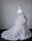 Niulatu Light Pink Off-the-shoulder A-Line Tulle Applique Train Wedding Dress HZ1103