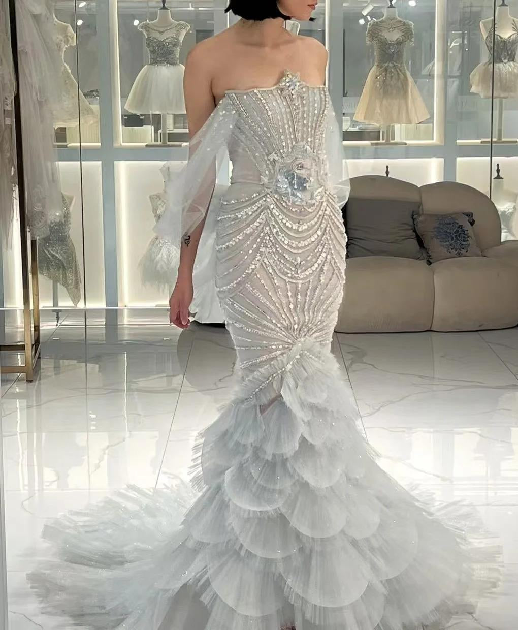 Niulatu Grey Strapless Mermaid Tulle Beaded Gorgeous Train Wedding Dress HZ1103