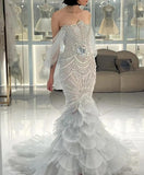 Niulatu Grey Strapless Mermaid Tulle Beaded Gorgeous Train Wedding Dress HZ1103