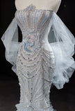 Niulatu Grey Strapless Mermaid Tulle Beaded Gorgeous Train Wedding Dress HZ1103