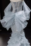 Niulatu Grey Strapless Mermaid Tulle Beaded Gorgeous Train Wedding Dress HZ1103