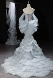 Niulatu Grey Strapless Mermaid Tulle Beaded Gorgeous Train Wedding Dress HZ1103