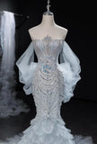 Niulatu Grey Strapless Mermaid Tulle Beaded Gorgeous Train Wedding Dress HZ1103