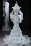 Niulatu Grey Strapless Mermaid Tulle Beaded Gorgeous Train Wedding Dress HZ1103