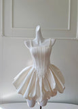 Niulatu Cream White Square Neck A-Line Satin Short Prom Dress, Homecoming Dress HZ1103