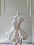 Niulatu Cream White Square Neck A-Line Satin Short Prom Dress, Homecoming Dress HZ1103