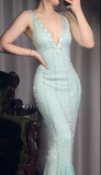 Niulatu Tiffany Blue V-neck Mermaid Chiffon Beaded Ball Dress Elegant Evening Gowns HZ1103