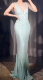 Niulatu Tiffany Blue V-neck Mermaid Chiffon Beaded Ball Dress Elegant Evening Gowns HZ1103