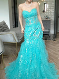 Niulatu Blue Sweetheart Neck Mermaid Tulle Appliques Long Prom Dresses Formal Evening Gowns HZ1103