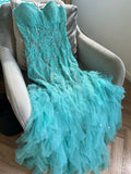 Niulatu Blue Sweetheart Neck Mermaid Tulle Appliques Long Prom Dresses Formal Evening Gowns HZ1103