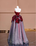 Niulatu Burgundy Strapless Velvet A-Line Tulle Long Prom Dresses Unique Wedding Dress HZ1103