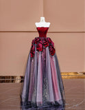 Niulatu Burgundy Strapless Velvet A-Line Tulle Long Prom Dresses Unique Wedding Dress HZ1103