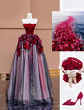 Niulatu Burgundy Strapless Velvet A-Line Tulle Long Prom Dresses Unique Wedding Dress HZ1103