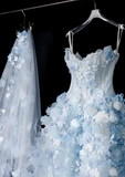 Niulatu White Tulle Strapless A-Line 3D Applique Trailing Wedding Dress HZ1103