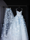 Niulatu White Tulle Strapless A-Line 3D Applique Trailing Wedding Dress HZ1103