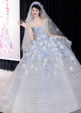 Niulatu White Tulle Strapless A-Line 3D Applique Trailing Wedding Dress HZ1103