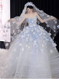 Niulatu White Tulle Strapless A-Line 3D Applique Trailing Wedding Dress HZ1103