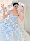 Niulatu White Tulle Strapless A-Line 3D Applique Trailing Wedding Dress HZ1103