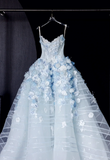 Niulatu White Tulle Strapless A-Line 3D Applique Trailing Wedding Dress HZ1103