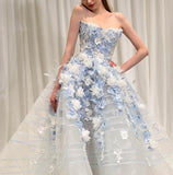 Niulatu White Tulle Strapless A-Line 3D Applique Trailing Wedding Dress HZ1103