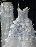 Niulatu White Tulle Strapless A-Line 3D Applique Trailing Wedding Dress HZ1103