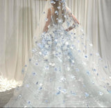 Niulatu White Tulle Strapless A-Line 3D Applique Trailing Wedding Dress HZ1103