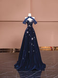 Niulatu Navy Blue Sweetheart A-Line Velvet Long Prom Dresses Formal Evening Dresses HZ1103