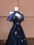 Niulatu Navy Blue Sweetheart A-Line Velvet Long Prom Dresses Formal Evening Dresses HZ1103