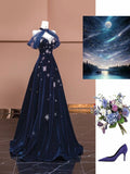 Niulatu Navy Blue Sweetheart A-Line Velvet Long Prom Dresses Formal Evening Dresses HZ1103