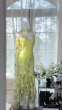 Niulatu Green Spaghetti Straps Mermaid Chiffon Beaded Prom Dresses Vintage Party Dress HZ1103
