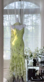Niulatu Green Spaghetti Straps Mermaid Chiffon Beaded Prom Dresses Vintage Party Dress HZ1103