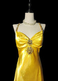 Niulatu Bright Yellow V Neck Mermaid Satin Beading Long Prom Dresses Backless Formal Evening Gowns HZ1103