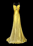 Niulatu Bright Yellow V Neck Mermaid Satin Beading Long Prom Dresses Backless Formal Evening Gowns HZ1103