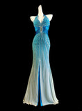 Niulatu Blue V-neck Mermaid Chiffon Beading Open Back Prom Dresses Formal Evening Gowns HZ1103