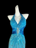 Niulatu Blue V-neck Mermaid Chiffon Beading Open Back Prom Dresses Formal Evening Gowns HZ1103