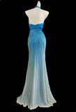 Niulatu Blue V-neck Mermaid Chiffon Beading Open Back Prom Dresses Formal Evening Gowns HZ1103