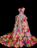Niulatu Jacquard Satin Strapless A-Line 3D Applique Train Wedding Dresses HZ1103