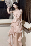 Niulatu Peach Halter Neck A-Line Chiffon Layered Prom Dresses Fashion Birthday Evening Dress Gowns HZ1103