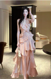 Niulatu Peach Halter Neck A-Line Chiffon Layered Prom Dresses Fashion Birthday Evening Dress Gowns HZ1103