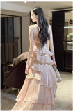 Niulatu Peach Halter Neck A-Line Chiffon Layered Prom Dresses Fashion Birthday Evening Dress Gowns HZ1103