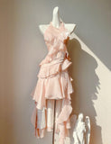 Niulatu Peach Halter Neck A-Line Chiffon Layered Prom Dresses Fashion Birthday Evening Dress Gowns HZ1103