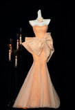 Niulatu Orange Strapless Mermaid Tulle Prom Dresses Glam Bow Evening Gowns HZ1103