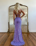 Niulatu Purple Spaghetti Straps Sheath Sequin Beading Prom Dresses Formal Evening Gowns HZ1103