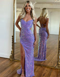 Niulatu Purple Spaghetti Straps Sheath Sequin Beading Prom Dresses Formal Evening Gowns HZ1103